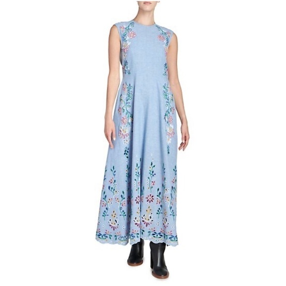 Chloé Chambray Embroidered Maxi Dress Downy Blue Eyelet Size 34 - Picture 1 of 16